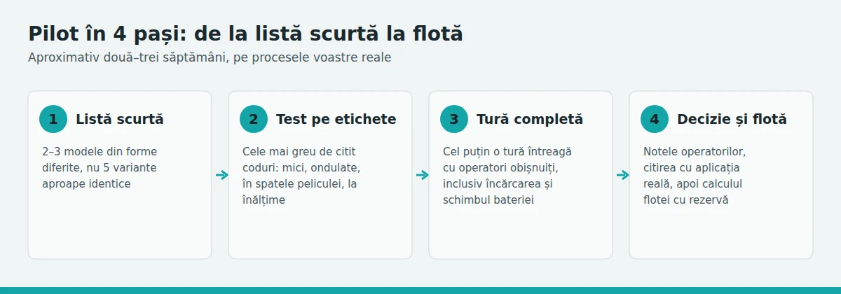 Schemă: pilot în patru pași, de la lista scurtă la dimensionarea flotei