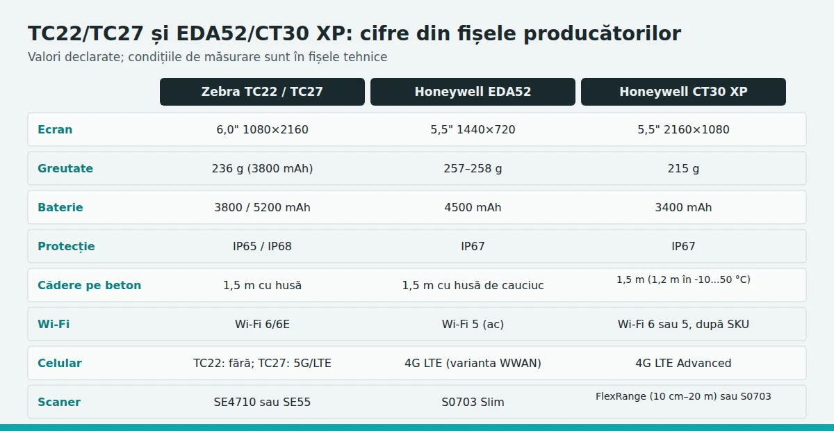 Comparația cifrelor din fișele tehnice: TC22/TC27, EDA52 și CT30 XP